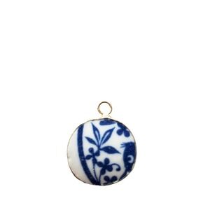 Vintage Broken China Charm Small Round Blue & White Floral Pottery Shard Pendant